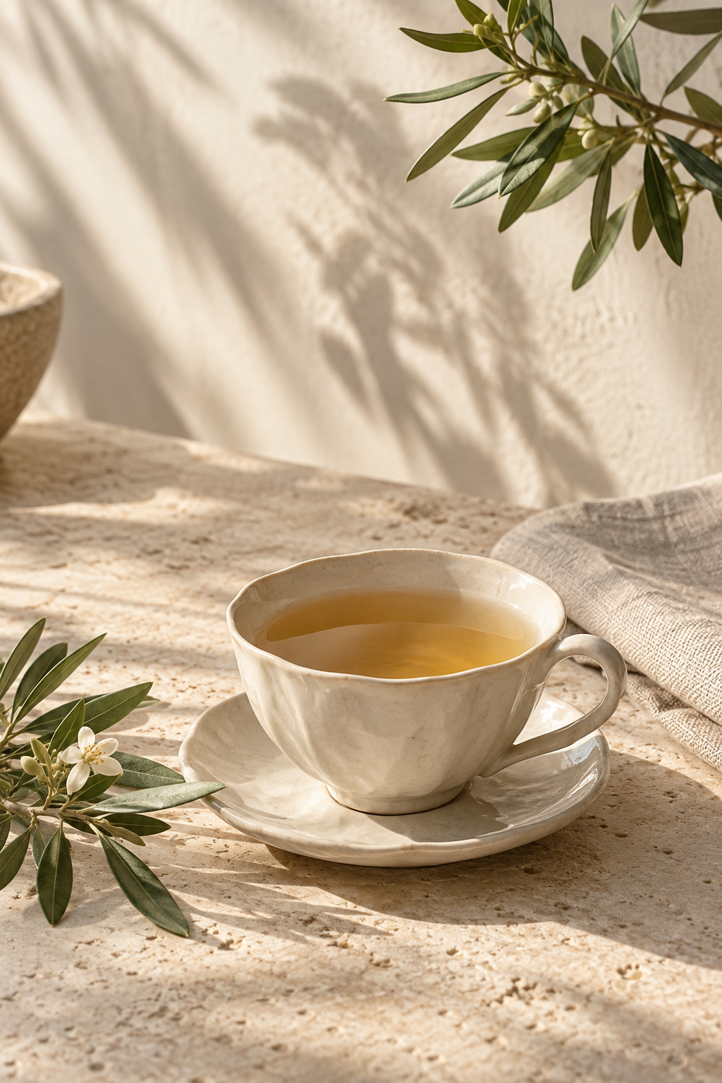 A warm cup of herbal tea beside fresh green branches in the afternoon sunlight